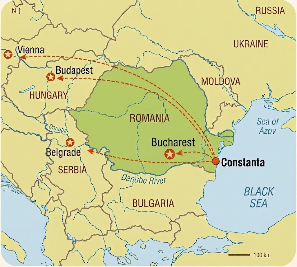 Map Showing The Port Of Constanta And Onward Routes To Bucharest, Belgrade, Budapest And Vienna