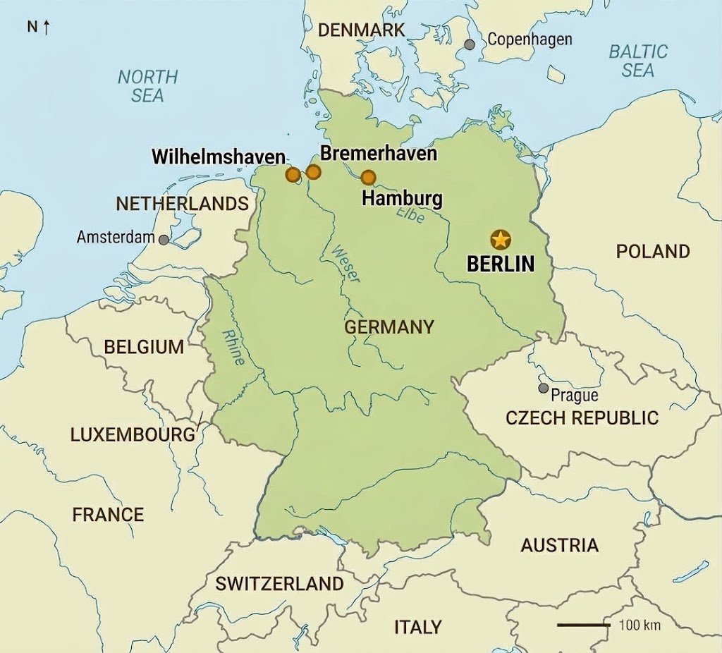 Map Of Germany Showing The Ports Of Wilhelmshaven, Bremerhaven And Hamburg