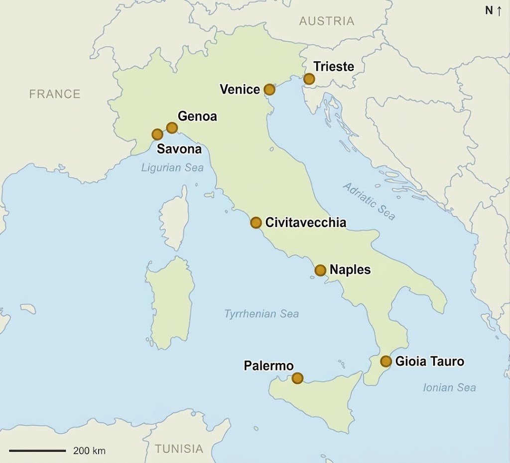 Map Of Italy Showing The Ports Of Genoa, Savona, Venice, Trieste, Civitavecchia, Naples, Gioia Tauro And Palermo