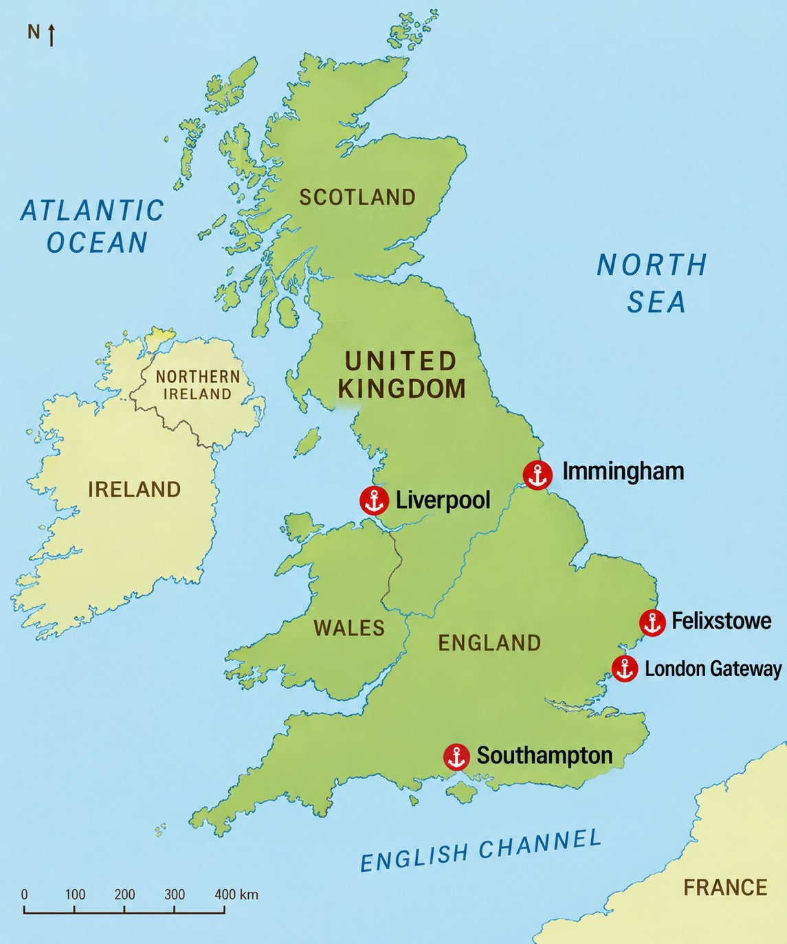 Map Of The United Kingdom Showing The Ports Of Liverpool, Immingham, Felixstowe, London Gateway And Southampton