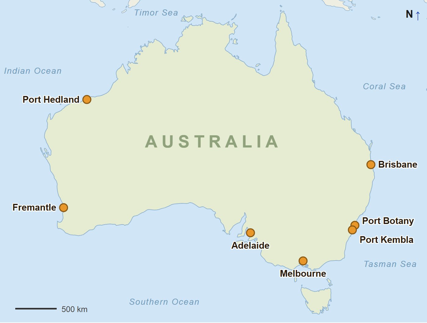 Map Of Australia Showing The Ports Of Port Hedland, Fremantle, Adelaide, Melbourne, Port Botany, Port Kembla And Brisbane