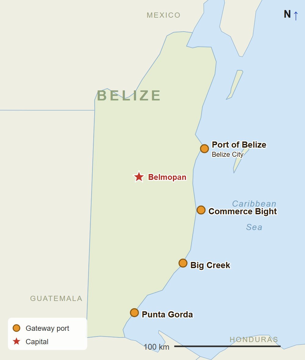 Map Of Belize Showing The Ports Of Belize City, Commerce Bight, Big Creek And Punta Gorda, With Belmopan Marked By A Star