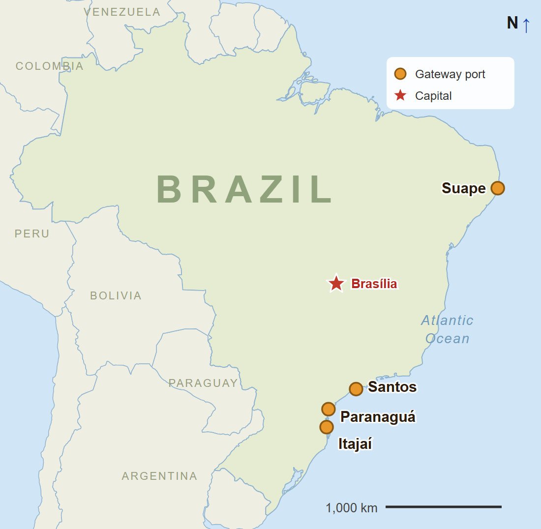 Map Of Brazil Showing The Ports Of Suape, Santos, Paranaguá And Itajaí, With Brasília Marked By A Star