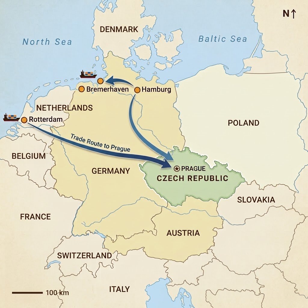 Map Of The Czech Republic And The North Sea Gateway Ports Of Hamburg, Bremerhaven And Rotterdam With The Trade Routes To Prague