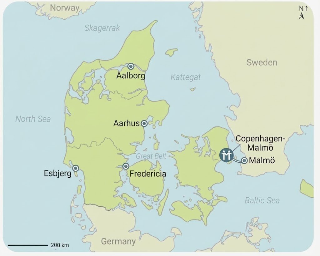 Map Of Denmark Showing The Ports Of Aalborg, Aarhus, Esbjerg, Fredericia And Copenhagen-Malmö