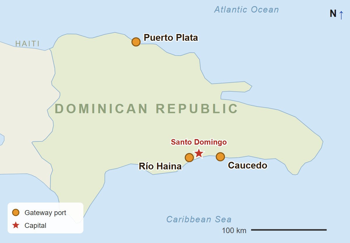 Map Of The Dominican Republic Showing The Ports Of Río Haina, Caucedo And Puerto Plata, With Santo Domingo Marked By A Star