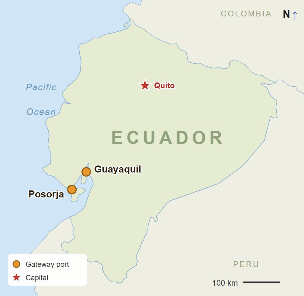 Map Of Ecuador Showing The Ports Of Guayaquil And Posorja, With Quito Marked By A Star
