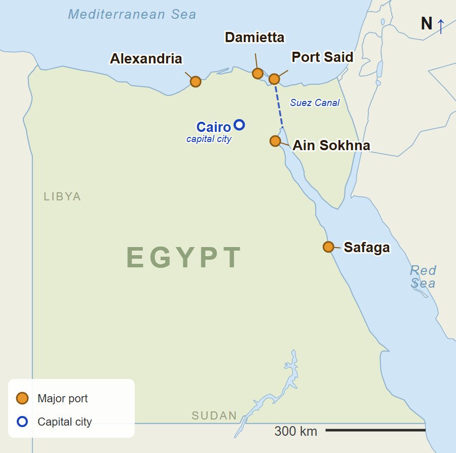 Map Of Egypt Showing The Ports Of Alexandria, Damietta, Port Said, Ain Sokhna And Safaga, The Capital Cairo And The Suez Canal