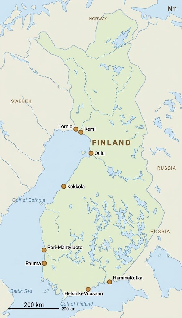 Map Of Finland Showing The Ports Of Haminakotka, Helsinki-Vuosaari, Kokkola, Rauma, Pori-Mäntyluoto, Oulu, Kemi And Tornio