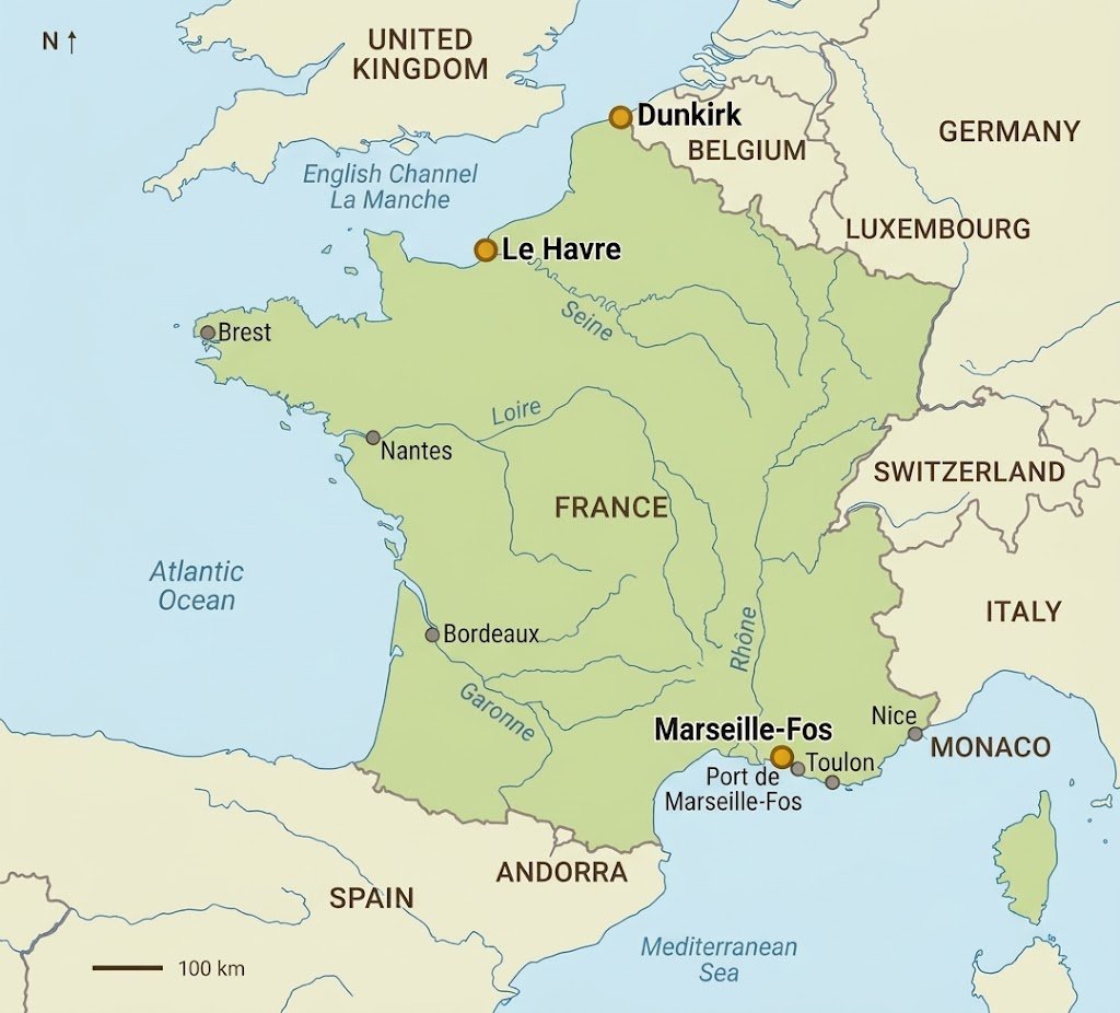Map Of France Showing The Ports Of Dunkirk, Le Havre And Marseille-Fos