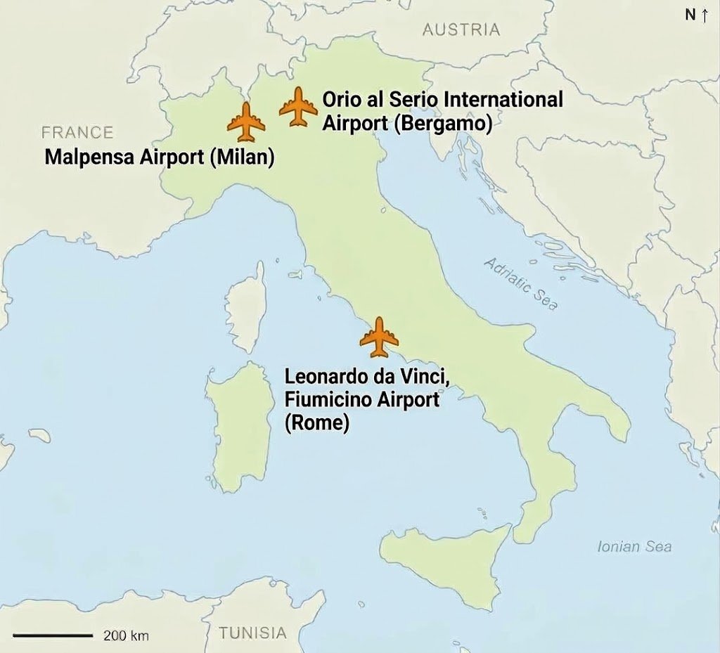 Map Of Italy Showing The Cargo Airports Of Rome Fiumicino, Milan Malpensa And Bergamo Orio Al Serio