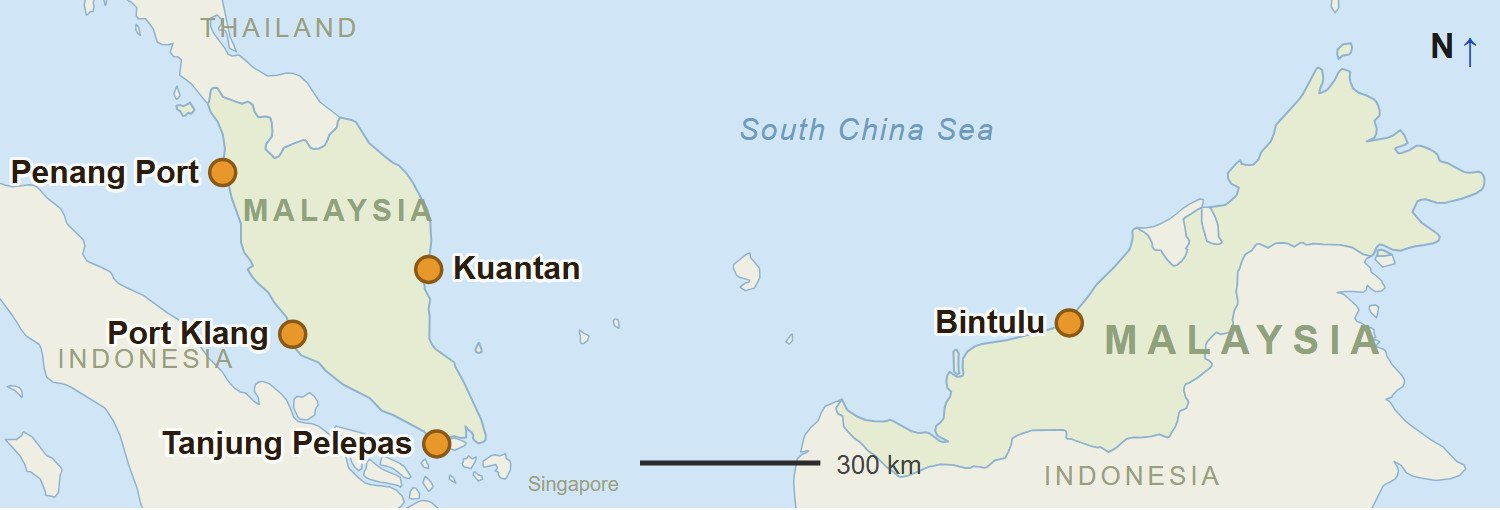 Map Of Malaysia Showing The Ports Of Penang, Port Klang, Kuantan, Tanjung Pelepas And Bintulu