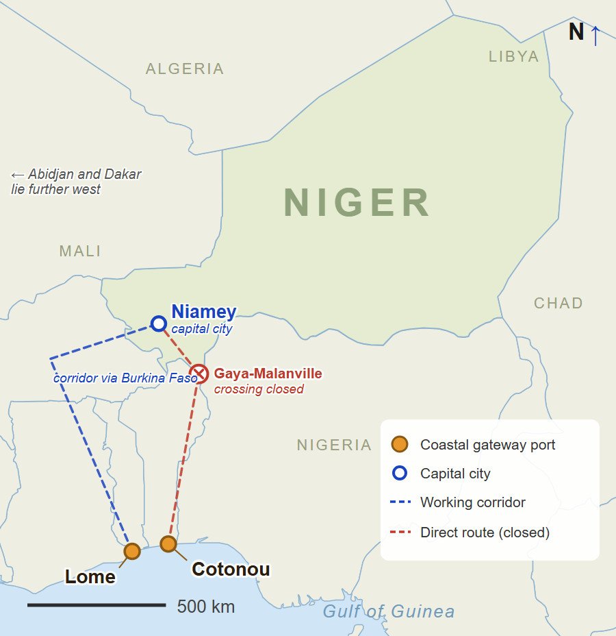 Map Of Niger Showing The Lome And Cotonou Gateway Ports, Niamey, And The Closed Gaya-Malanville Crossing