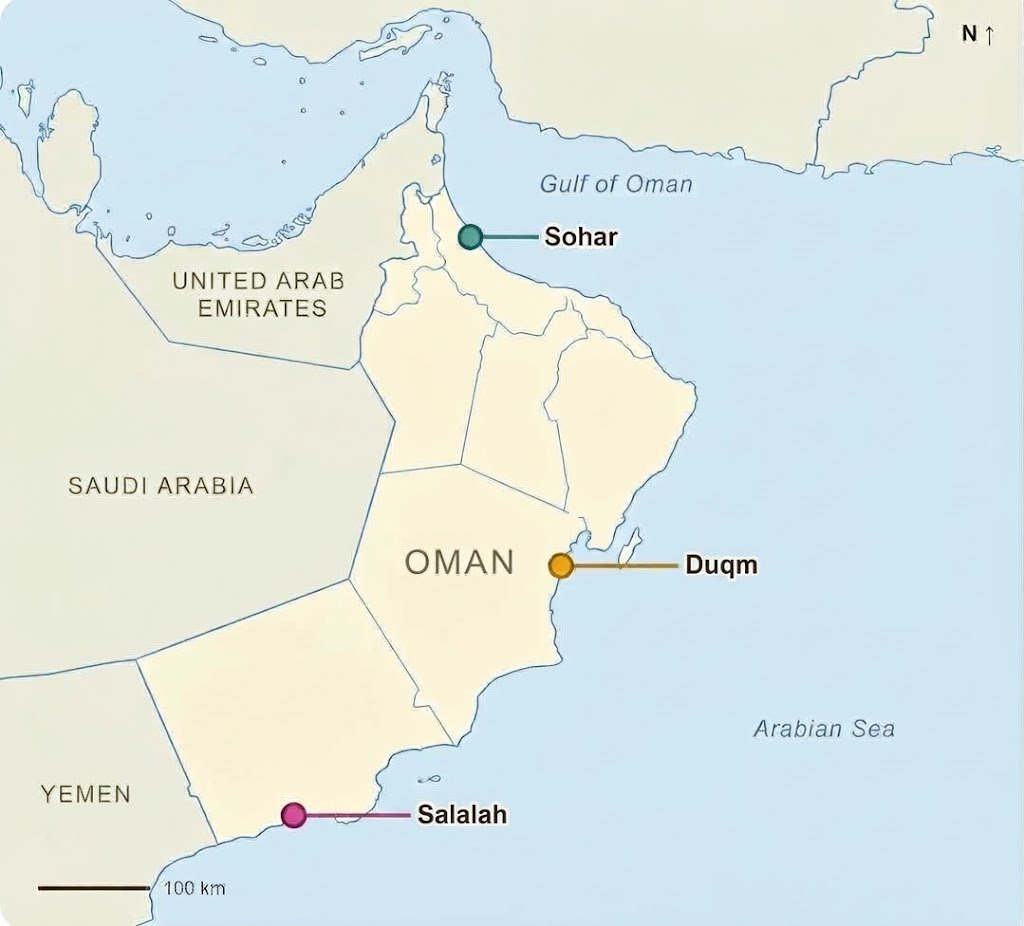Map Of Oman Showing The Ports Of Sohar, Duqm And Salalah