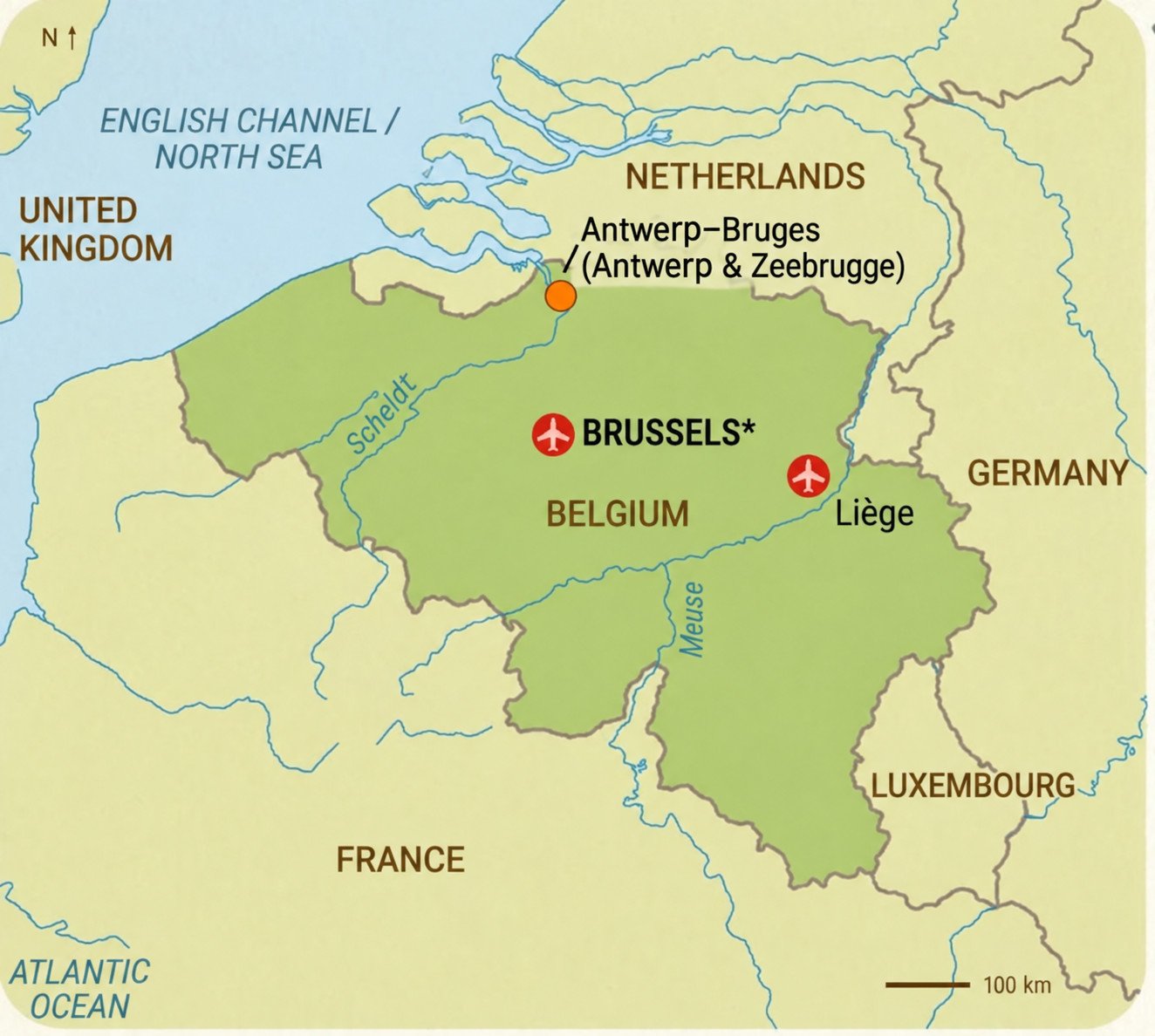 Map Of Belgium Showing The Antwerp-Bruges Port Complex And The Airports Of Brussels And Liège