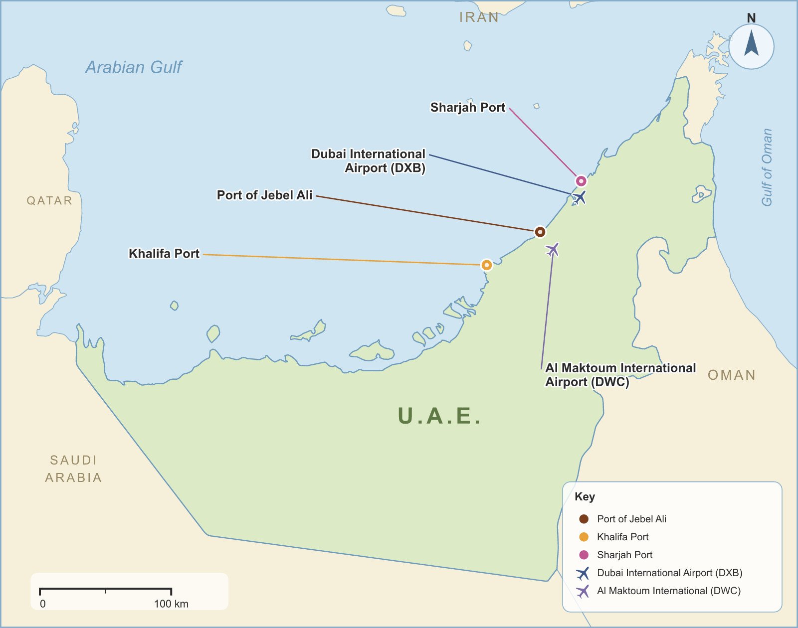 Map Of The United Arab Emirates Showing The Port Of Jebel Ali, Khalifa Port, Sharjah Port, Dubai International Airport And Al Maktoum International Airport