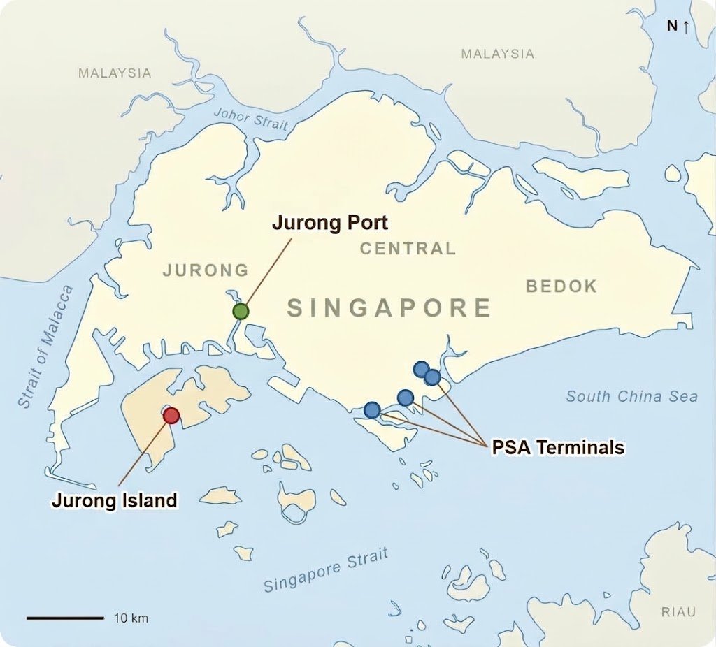 Map Of Singapore Showing The Psa Container Terminals, Tuas, Jurong Port And Jurong Island