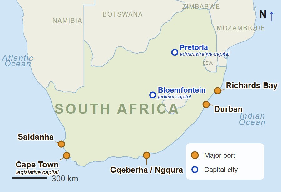 Map Of South Africa Showing The Ports Of Saldanha, Cape Town, Gqeberha And Ngqura, Durban And Richards Bay And The Capitals Pretoria, Bloemfontein And Cape Town