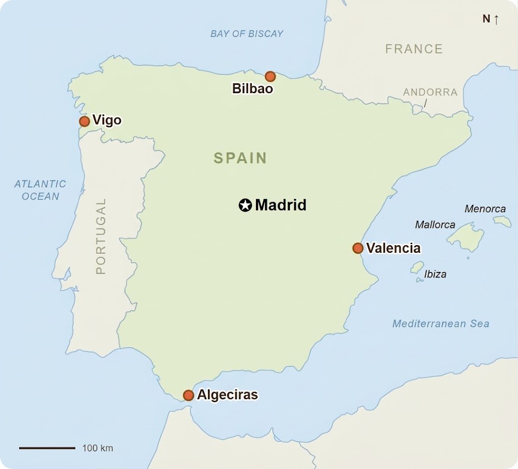 Map Of Spain Showing The Ports Of Valencia, Algeciras, Bilbao And Vigo