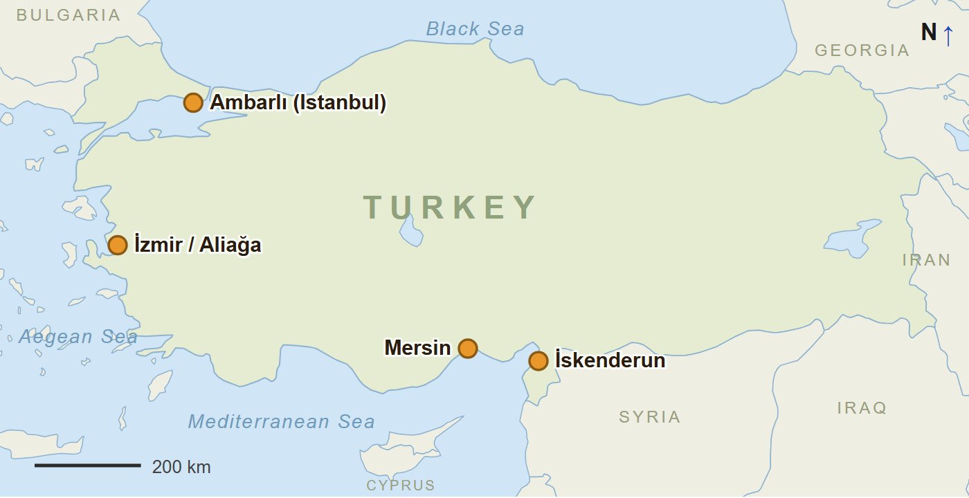 Map Of Turkey Showing The Ports Of Ambarlı, İzmir And Aliağa, Mersin And İskenderun