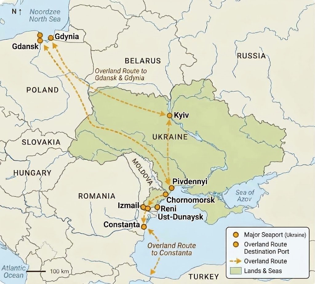 Map Of Ukraine Showing Its Black Sea And Danube Ports And The Overland Routes From Gdansk, Gdynia And Constanta